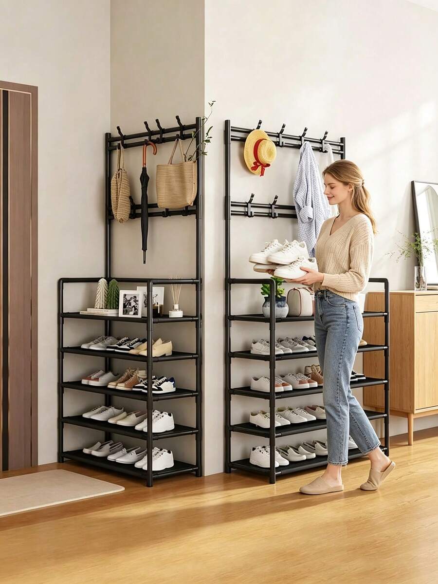 1 pieza/Perchero y zapatero multifuncional de arte de hierro, 4/5 niveles, con 8 ganchos - Fácil montaje, zapatero negro/blanco, estante de almacenamiento de zapatos - Multicolor - Ver 1