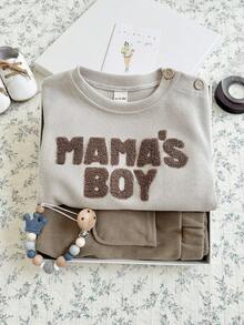 2Pcs/Set Baby Boy Towel Embroidered Round Neck Sweatshirt & Casual Long Pants Set, Spring/Autumn Baby Boy Clothing - Apricot - View 10