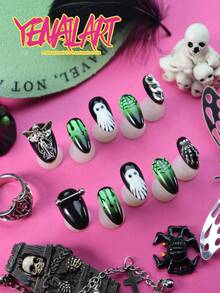 10 Peças Unhas Postiças Curtas Amendoado, Unhas Verde Preto Branco, Degradê, Mão, Teia de Aranha, Anjo, Corrente, Elegante Junk Punk Cobertura Total Acrílica Unhas Postiças Feitas à Mão, Suprimentos de Unhas de Halloween para Meninas & Mulheres, Suprimentos de Unhas para Uso Diário, Festa, Hallowmas - Preto - Visão 1