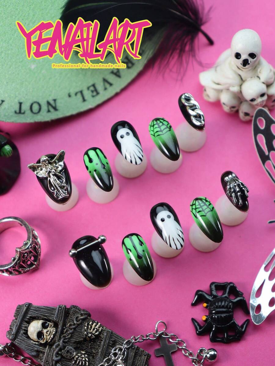 10 Peças Unhas Postiças Curtas Amendoado, Unhas Verde Preto Branco, Degradê, Mão, Teia de Aranha, Anjo, Corrente, Elegante Junk Punk Cobertura Total Acrílica Unhas Postiças Feitas à Mão, Suprimentos de Unhas de Halloween para Meninas & Mulheres, Suprimentos de Unhas para Uso Diário, Festa, Hallowmas - Preto - Visão 1