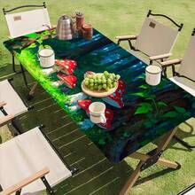 1pc Summer Outdoor Tablecloth, Elastic Band Design At Bottom, Mushroom Print Pattern, Durable Polyester Material, Washable Rectangular Table Cover, Suitable For Picnic, Camping, Garden Party, Indoor And Outdoor Use - A - View 3