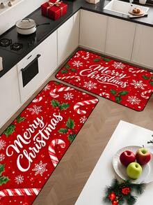 1/16pcs Christmas Decorative Floor Mat (40x60cm / 50x80cm / 40x120cm) Minimalist Style, Red Background With Candy Cane And Holly, Suitable For Christmas Winter Home Decor, Entryway Mat, Bathroom Kitchen Holiday Decoration - Multicolor - View 3