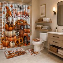 1/4pcs Vintage Pumpkin Truck Fall Harvest Heat-Insulating Home Decor Bathroom Shower Curtain With 12 Hooks For All Scenarios, Rustic Country Farmhouse Decoration, 4pcs Include: 1pc Shower Curtain 150*180cm+180*180cm+180*200cm - Pumpkin Farm - View 3