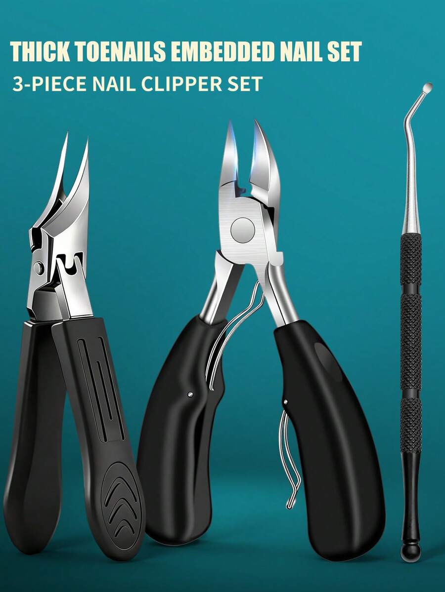 Kit de Cuidados de Manicure e Pedicure com 3 Peças, Cortadores de Unha com Ponta Curva, Cabo Ergonômico para Unhas dos Pés Grossas e Duras, Limpeza de Unhas dos Pés para Uso Doméstico, Salão e Pessoal, Suprimentos de Higiene Diária - Preto - Visão 1