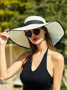 1 Stück Damen einfarbiger lässiger eleganter bohemischer Strohhut, runder Sonnenhut, geeignet für Urlaub, Strand, alle Jahreszeiten Mode, vielseitig für den Alltag (Wenn der Hut Falten hat, bitte mit einem Bügeleisen glätten, dann wird er wiederhergestellt) - Milchig weiß - Übersicht 1