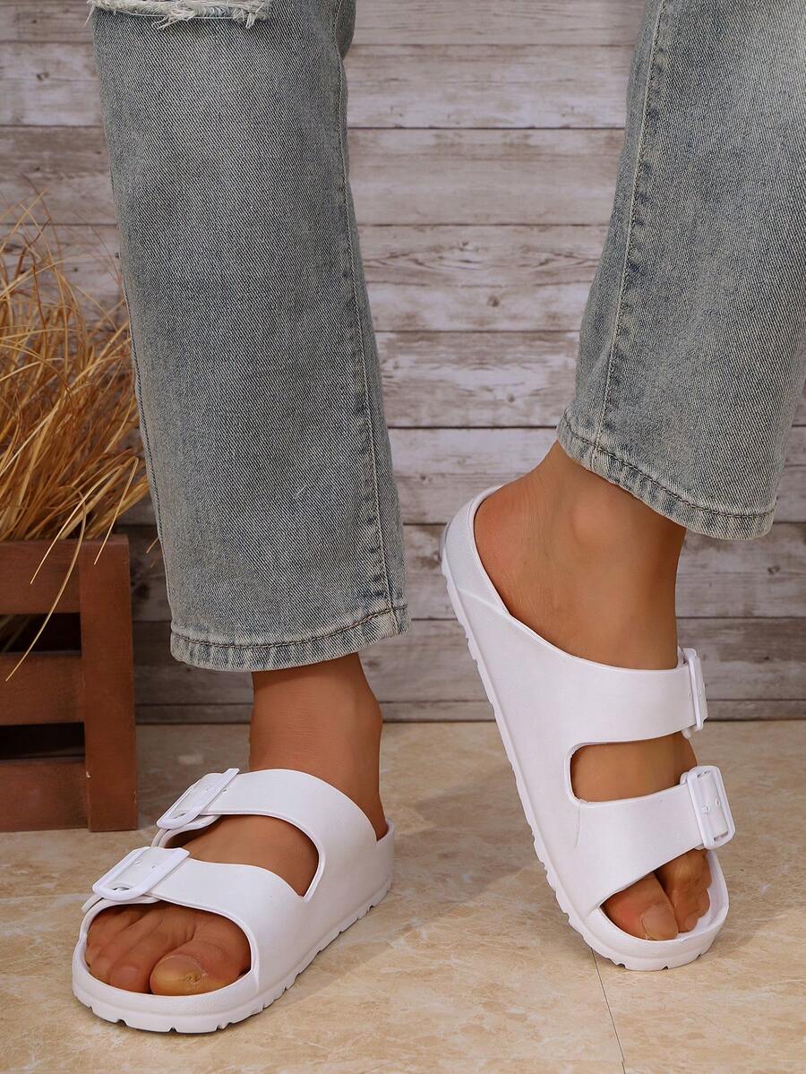 Men's Minimalist Solid Color EVA One-Piece Lightweight Double Bar Comfortable Flat Slide Sandals, Breathable, Suitable For Home, Outdoor, Beach, Plus Size