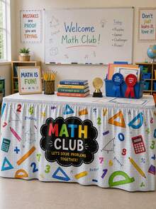 1 pieza Falda de mesa del club de matemáticas de vuelta a la escuela, mantel plisado con patrón de papel cuadriculado, regla numérica, calculadora y geometría, con cierre de gancho y bucle, antiarrugas y lavable, adecuado para escritorio de profesor de aula, actividad educativa, decoración de soporte de exhibición escolar - Multicolor - Ver 4