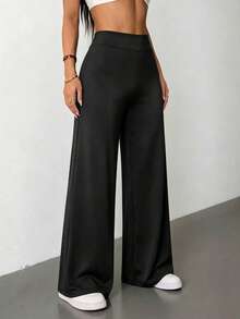 Elastic High-Waist Tummy Control Wide Leg Pants, Comfortable And Pressure-Free, Back V-Shape + Center Pleats For Butt Lifting And Shaping, Pleated Design For Peach Butt, Suitable For Yoga, Fitness, Commute, Casual And Multiple Occasions, All-Season Straight Leg Pants, Perfect Match With Various Tops - Fashionable And Versatile - Black - View 7