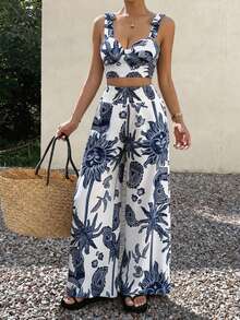 Conjunto de dos piezas para mujer con estampado tropical boho, top corto de tirantes y pantalones de pierna ancha, perfecto para el verano - Azul - Ver 5
