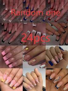 Random 24pcs Rectangular French Acrylic False Nails Set, Easy To Wear French Manicure, Suitable For Women And Girls Daily Use And Party - Multicolor - View 8