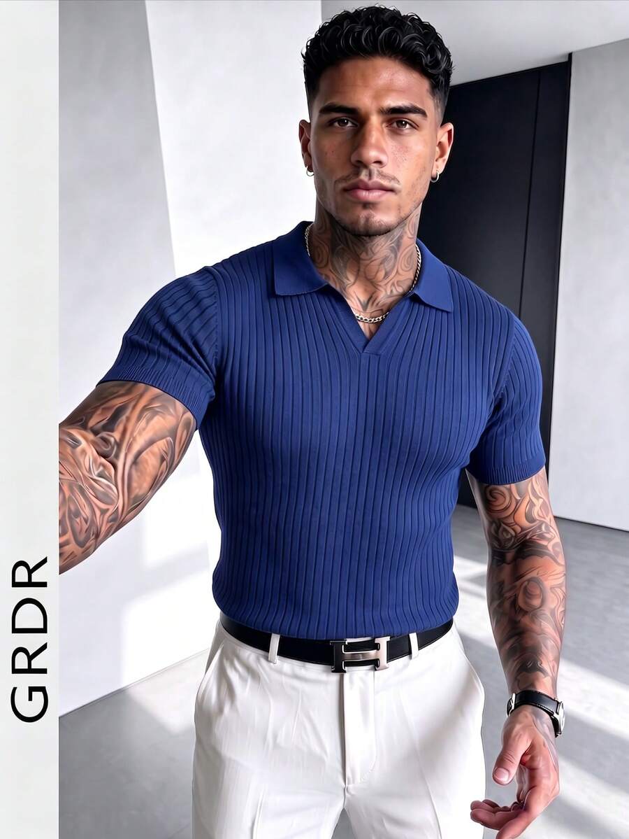 GRDR 男士夏季针织Polo衫，纯色短袖针织领，适合夏季外出穿着，时尚穿搭必备单品