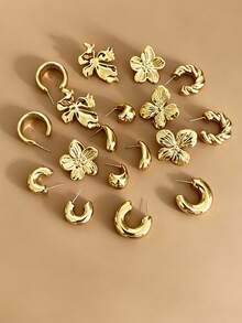 Set Anting Bunga Logam Vintage 6-18 Buah, Desain C-Hoop Tetes Air Berpilin, Cocok untuk Perjalanan Sehari-hari, Pesta Liburan, Satu Set untuk Semua Pakaian - Emas - View 2