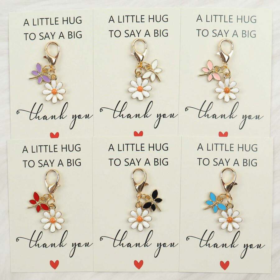 6pcs/12pcs 6 Colors Butterfly & Fixed Daisy Enamel Charm Keychain With "A Little Hug To Say A Big Thank You" Paper Card - Spring Floral Pocket Hug Gra - Multicolor - View 1