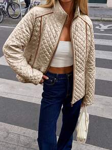 Giolshon 女款街頭風休閒連帽棉墊外套，附口袋，輕量絎縫填充外套，適合春季、秋季、冬季日常穿著 - 金色 - 查看 4