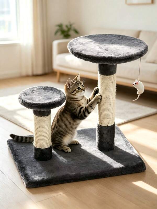 1 Small Cat Tree, With Wear-Resistant Sisal Posts For Cats To Sharpen Claws, Plush Platforms For Resting, And A Hanging Mouse Teaser Ball Attached; Integrated And Stable Structure