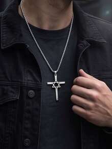 Minimalist Golden Cross Necklace With Star Detail, Fashion Statement Pendant Chain, Elegant Street Style Jewelry Gift For Daily Wear - Silver - View 2