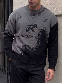 New Spring/Autumn Men's Casual Motorcycle Patchwork Sweater, Crew Neck Pullover Knit Top, Slim Fit Short Style - Black - View 1