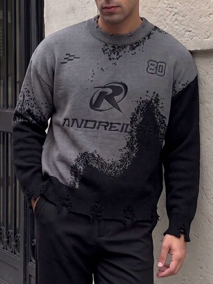 New Spring/Autumn Men's Casual Motorcycle Patchwork Sweater, Crew Neck Pullover Knit Top, Slim Fit Short Style - Black - View 1