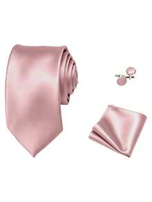 1 Set Men's 8cm Satin Tie, Pocket Square And Cufflinks Set, Suitable For Business Meetings, Wedding Party Groom Tie Set - Dusty Pink - View 2