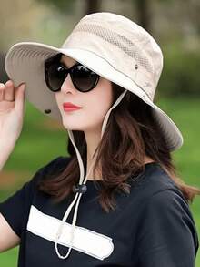 1pc Women's Wide Brim Bucket Hat With Adjustable Chin Strap And Hollow Mesh Top, Suitable For Outdoor Hiking And Fishing - Beige - View 3