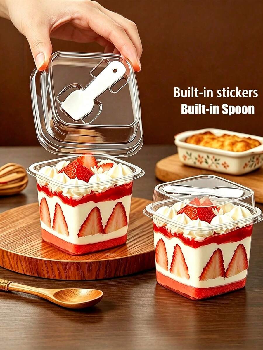 200 Peças Caixas Transparentes Quadradas para Bolo, Pudim e Sobremesa com Tampas, Colheres e Adesivos Decorativos, Caixas Multifuncionais para Mousse de Bolo Adequadas para Frutas, Sorvete, Iogurte, Natal, Halloween, Festas de Aniversário