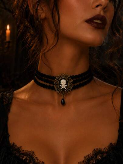 1 chiếc vòng cổ choker Gothic Halloween mặt đá cameo hình đầu lâu, cổ ren nhung đen nhiều lớp kèm mặt dây chuyền hình giọt nước, trang sức phong cách vintage punk nổi bật