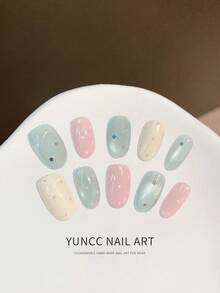 10pcs Handmade Short Almond Press On Nails, Sweet Pastel Macaron Multicolor Jelly Base With Tiny White Polka Dots & Iridescent Star Sequins, Cute Y2K Reusable Fake Nails For Summer Daily Campus Dating - Multicolor - View 2