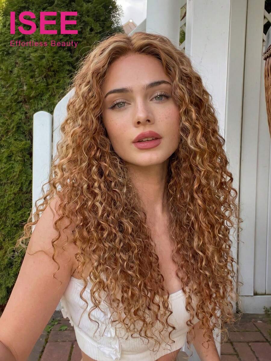 ISEE Brown Highlighted Deep Wave Human Hair Wig, 7x5 Transparent Lace Closure, Glueless Ready-To-Wear, 18-28 Inches, 180% Density, Pre-Plucked Hairline, Daily Wear Style - S4/27 - View 1