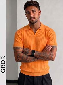 GRDR Men's Casual Solid Color Short Sleeve Ribbed Knit Sweater - Orange - View 11