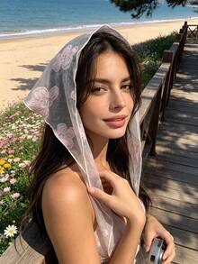 1 pieza Pañuelo triangular de malla transparente estilo francés romántico con bordado floral color macaron dopamina, accesorio versátil para el cabello de mujer estilo calle dulce para vacaciones en la playa - Multicolor - Ver 3