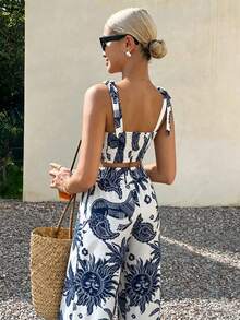 Conjunto de dos piezas para mujer con estampado tropical boho, top corto de tirantes y pantalones de pierna ancha, perfecto para el verano - Azul - Ver 4