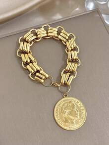 Vintage Portrait Pendant Chain Bracelet Set, Women's Stainless Steel Chunky Chain Bracelet, Party Birthday Halloween Christmas Jewelry Gift - Multicolor - View 5