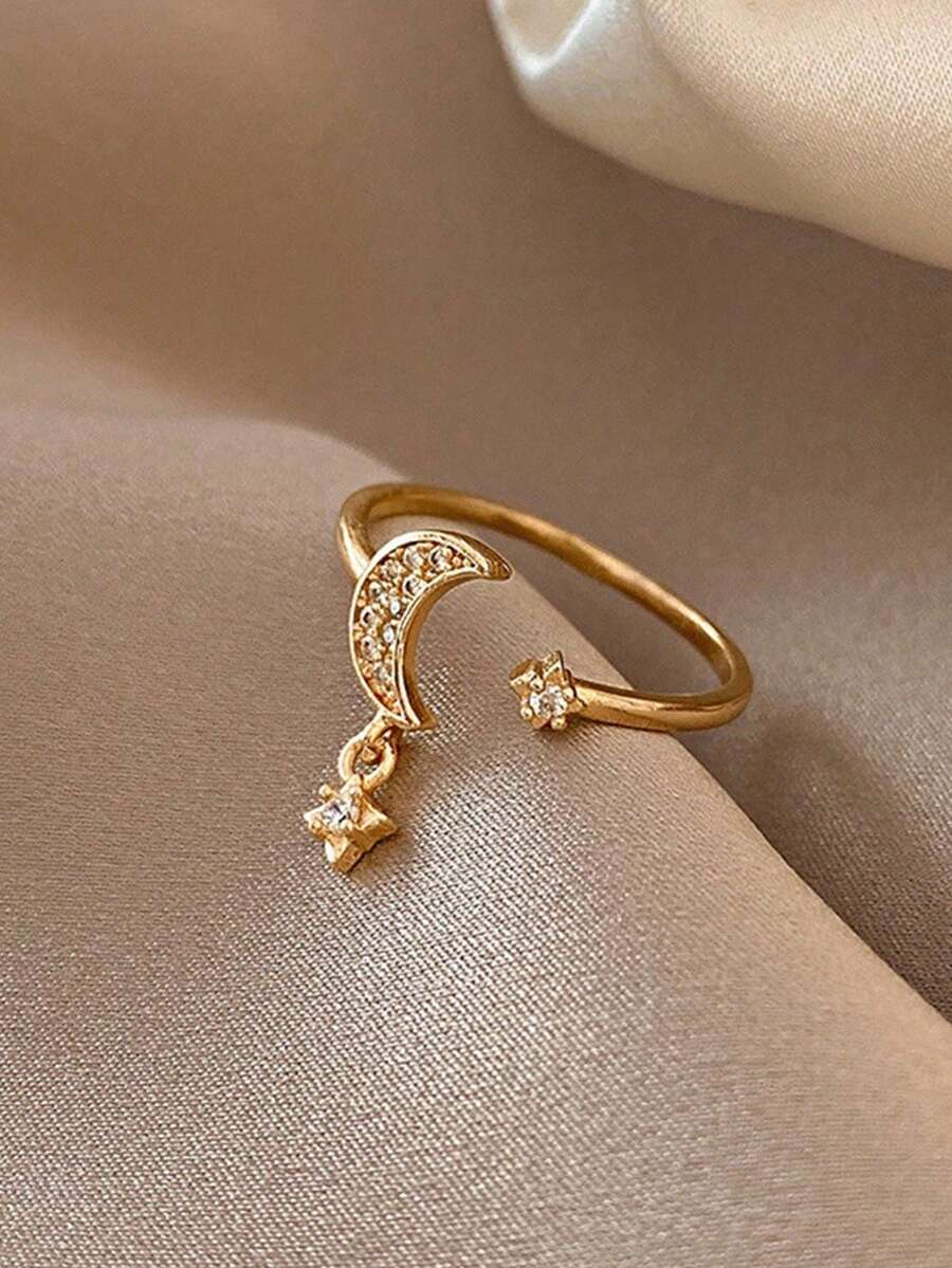 1pc Minimalist Fresh Moon & Star Open Adjustable Ring – Copper Set CZ, Geometric Unique, Daily/Gift/Party, Statement Holiday Jewellery - Gold - View 1
