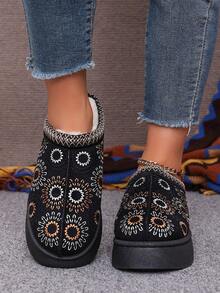 Women's New Embroidered Pattern Thermal Lined Thick Sole Winter Warm Outdoor Slippers - Black - View 4
