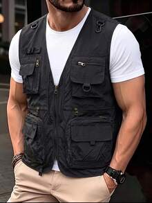 Non-Stretch Outdoor Men's Spring/Autumn Thin Vest With Multi-Functional Pockets, Casual Utility Fishing & Photography Jacket - Black - View 1