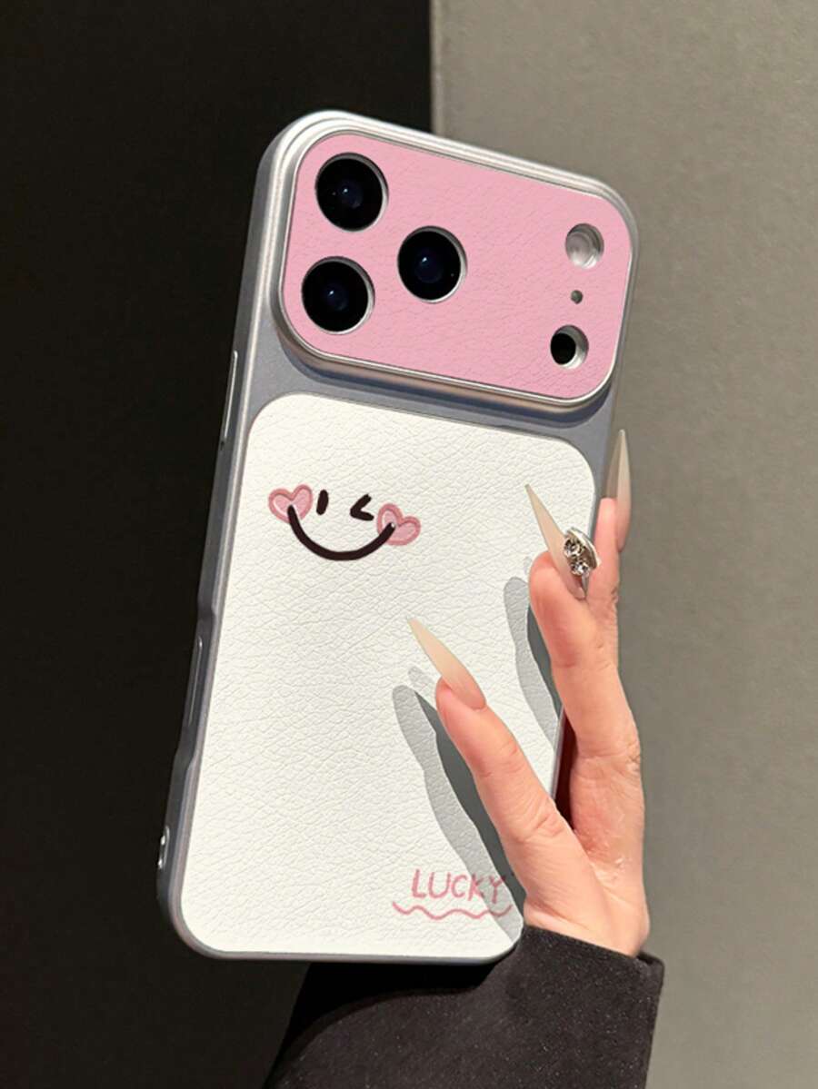 1pc Blush Pink Heart Smile LUCKY English Lychee Texture Phone Case Electroplated Matte Silver Edge Full Coverage 2mm Shockproof Creative Precision Cut-Out Raised Large Window Instant 17 Lens Soft Shell Daily Suitable For IPhone17/17Pro/17PROMAX/16/16Pro/16PLUS/16PROMAX/15/11/12/13/14/15Pro/14Pro/13Pro/15PROMAX/14PROMAX/13PROMAX - Multicolor - View 1