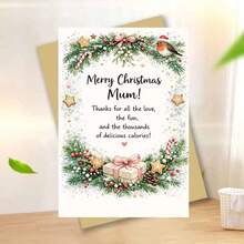 1 Greeting Card + 1 Envelope Warm Festive Christmas Greeting Card, Robin And Gift Box Design "Merry Christmas Mum", For Mother, Winter Holiday Watercolor Style. - View 6