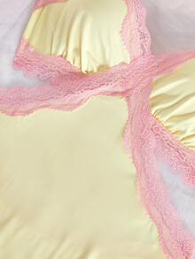 Women Lightweight Nightgown V‑Neck Nightdress Bodycon Chemise Sleep Dress Criss‑Cross Backless Pajamas Sexy Lingerie Contrast Lace Splicing Loungewear - Yellow - View 8