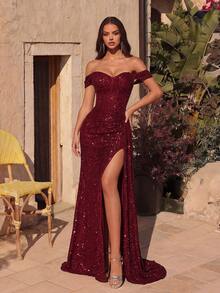 ADYCE Vestido de noche con escote de corazón con lentejuelas, hombros abiertos, cintura fruncida, espalda con lazo y abertura, vestido de gala formal, vestido de fiesta de Año Nuevo, vestido de boda elegante de primavera - Burdeos - Ver 6