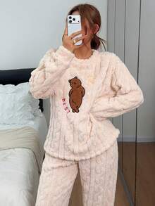 Dreamivo 2pcs/Set Women's Winter Bear Pattern Embroidered Thick Long Sleeve Long Pants Fleece Pajama Set - Apricot - View 3