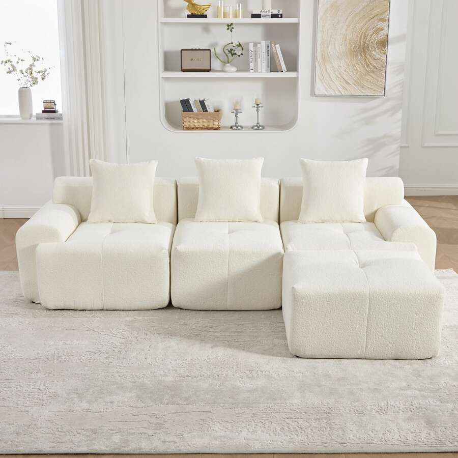 Beige Modular Sofa With Ottoman - L Shape - Beige 3 Seat - View 1