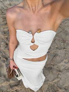 Women's Solid Color Pleated Hollow-Out Elegant Waist Midi Dress For Party - White - View 3