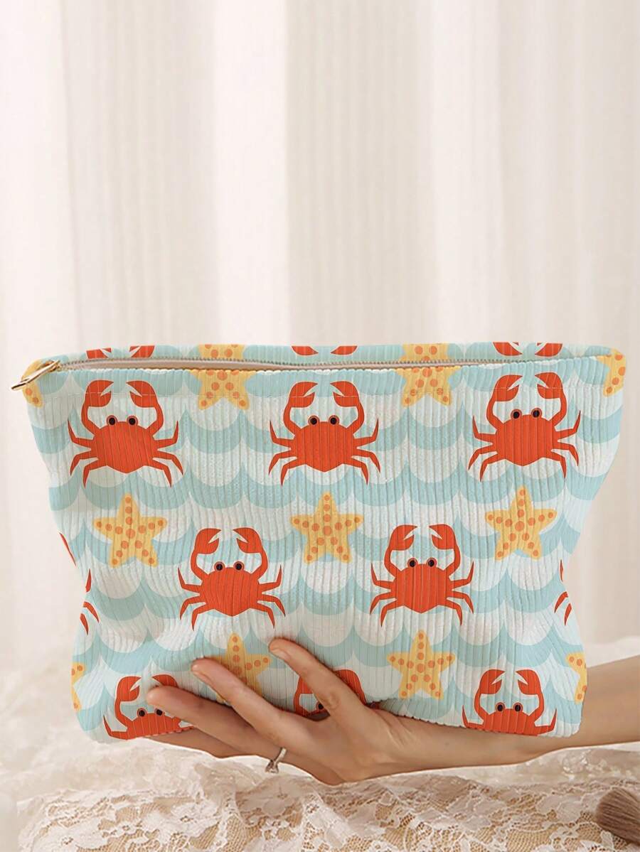 1pc Portable Cosmetic Storage Bag With Ocean Element Crab Pattern, Double-Sided Print Travel Zipper Makeup Bag, Multi-Function Toiletries Organizer - Multicolor - View 1