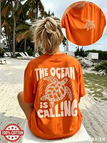 Double-Sided Print Women's Vintage Loose Tee, Turtle & Waves Graphic "The Ocean Is Calling" Text, Drop Shoulder Oversized 100% Cotton Best Seller - 橘色 - 查看 13
