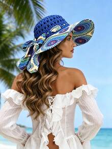 1 buah Topi Matahari Jerami Wanita, Topi Pantai Bertepi Lebar untuk Musim Semi/Panas, Perlindungan Matahari, Liburan, Gaya Bohemian - Biru laut - View 2
