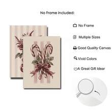 Set Of 2 Vintage Candy Cane Holly Canvas Wall Art | Burgundy Botanical Christmas Print For Farmhouse Living Room Frameless - A - View 4