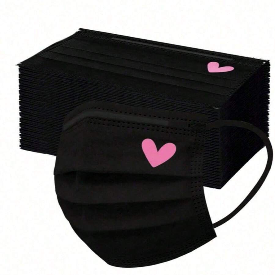 50pcs Cute Pink Heart Print Face Masks, Elastic Breathable Cover, Suitable For Women And Teenagers, Washable, Fashionable Daily Accessory, Fun Design, Comfortable To Wear, Valentine's Day Outfit - Multicolor - View 1