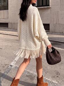 Women's Apricot Knit Cardigan, Open Front Sweater With Delicate Openwork Lace Pattern, Fringe Hem And Ribbed Cuffs, Suitable For Tea Parties - Apricot - View 2