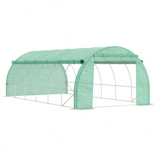 Outsunny 6x3x2m Plastic Tunnel Greenhouse With UV Protection, Accessible, Roll-Up Tarps, Steel Tube Frame, Green - Green - View 1