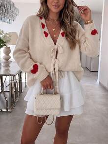 Women's Knitted Lace-Up V-Neck Cardigan, Decorated With Red Heart Pattern, Long Sleeve Design, Perfect Choice For Autumn Outfit. - Apricot - View 6